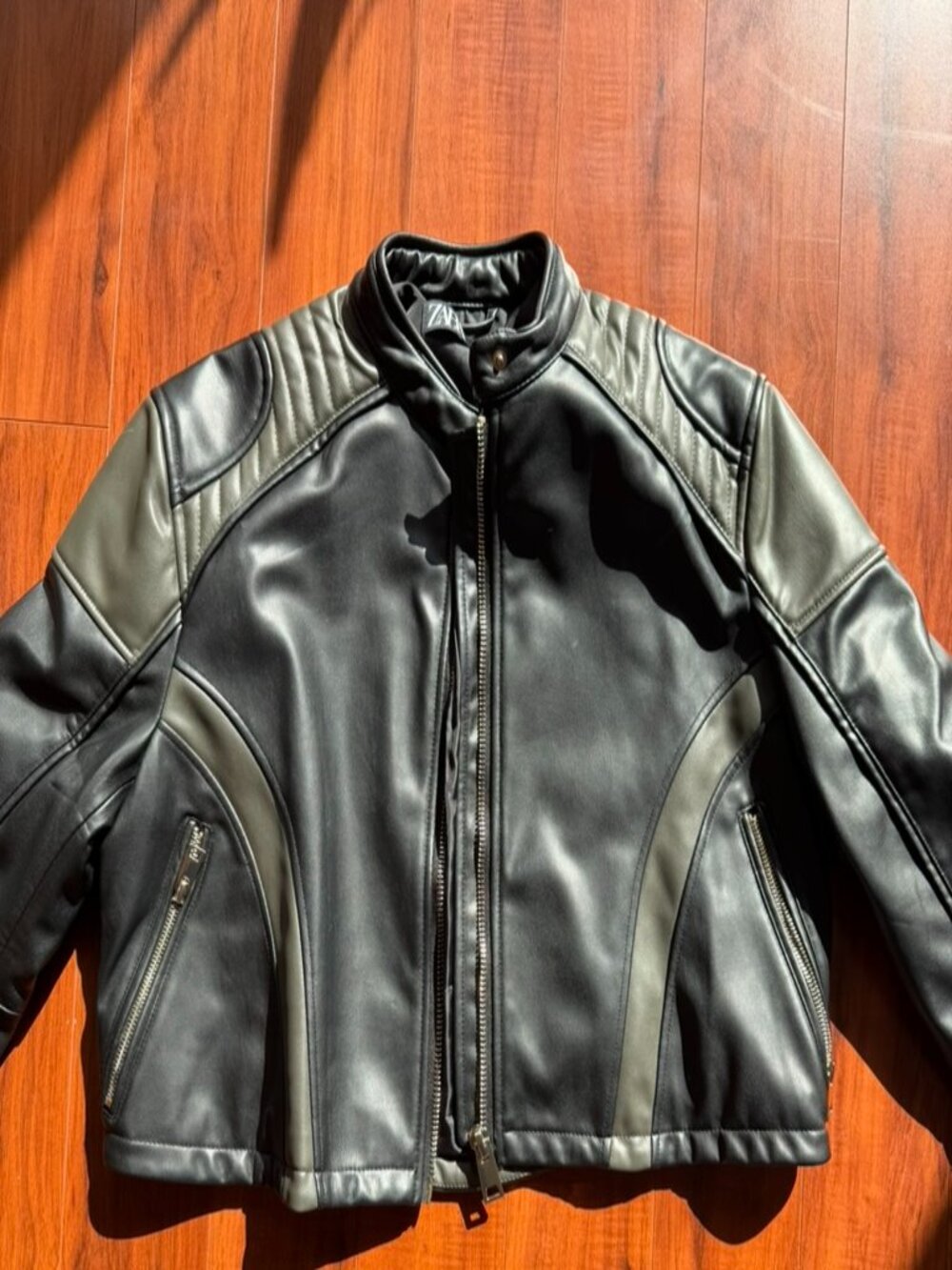 Zara Faux Leather Moto Biker Jacket Black with Gray Panels Zip Cuffs Size M